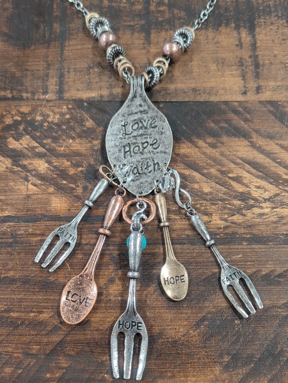 Love Hope Faith Spoon & Fork Charm Necklace - Mixed Metal